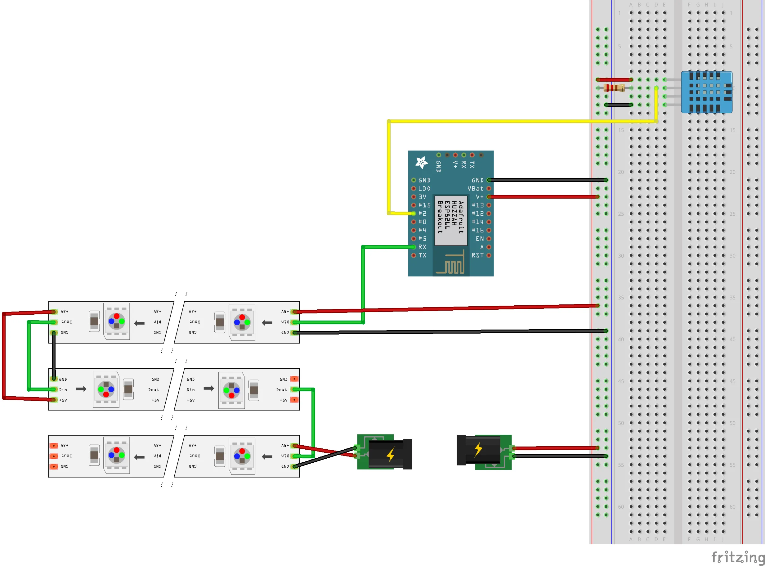 Fritzing breadboard diagram: an Adafruit HUZZAH ESP8266 breakout on a breadboard, wired to three LED strip segments in a zigzag, a DHT11 sensor with a resistor, and two DC power jacks
